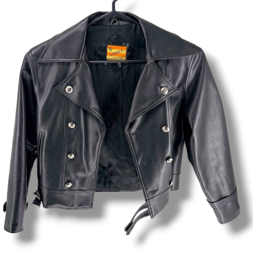Vintage 70s Amerex Women's Vegan Leather Jacket Double Breasted Made in Japan 40